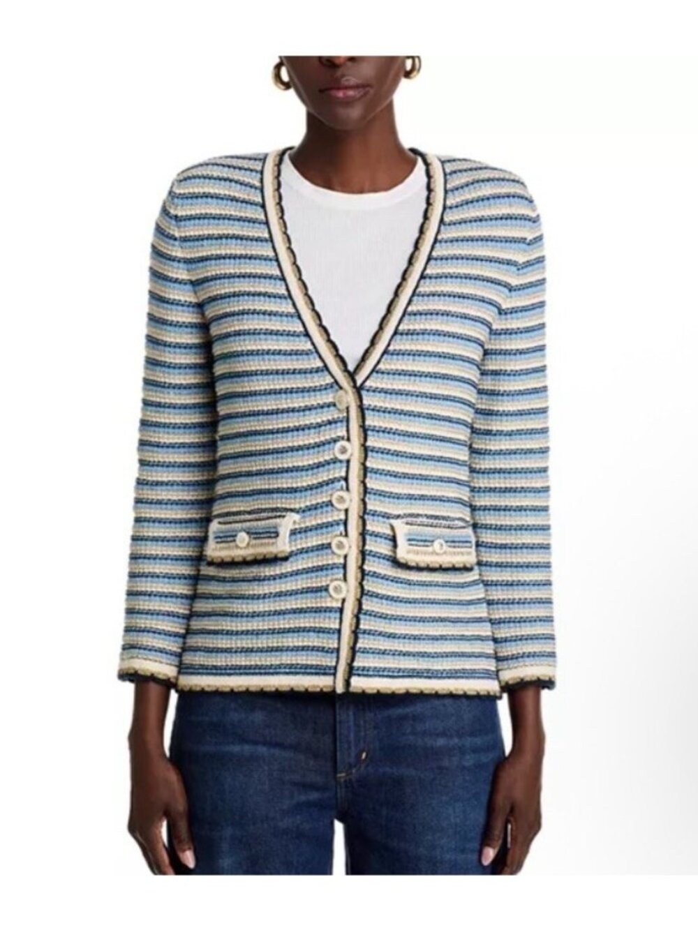 VERONICA BEARD Ceriani Knit Jacket Blazer Navy Gold White Blue Multi Sz XL NWT